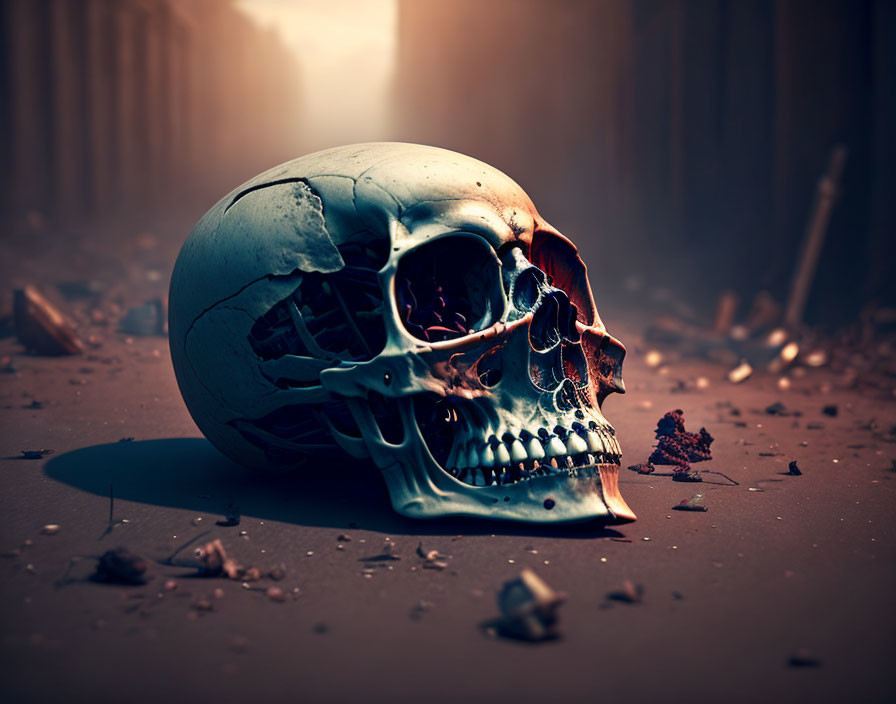 Cracked human skull on dusty surface with dark background