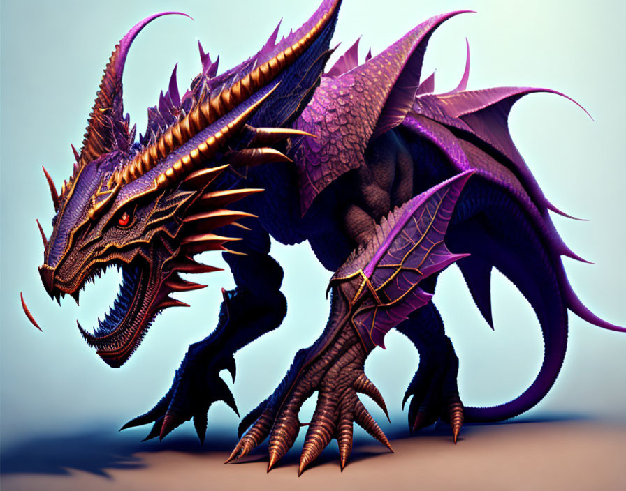 Detailed Digital Illustration of Majestic Purple Dragon with Golden Spikes and Horns