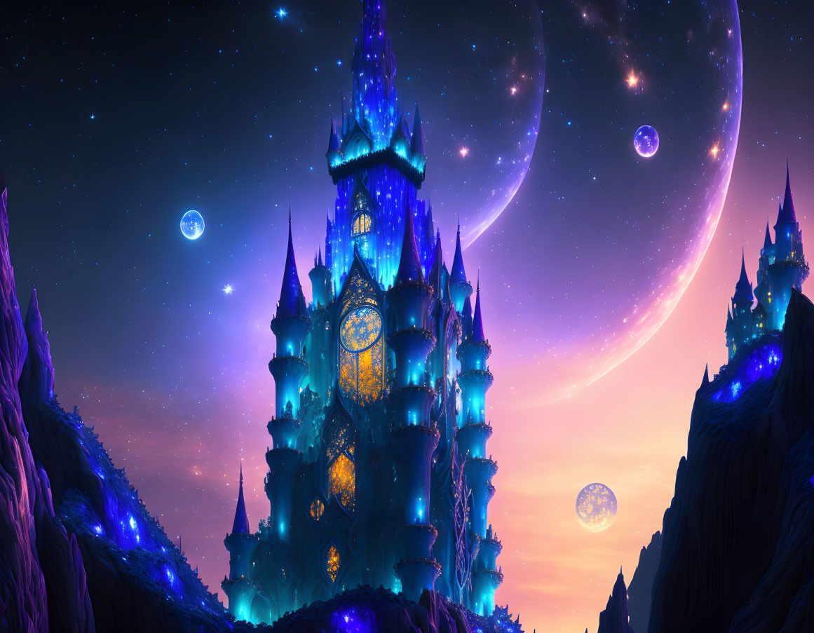 Luminescent clock-towered castle in fantastical night scene