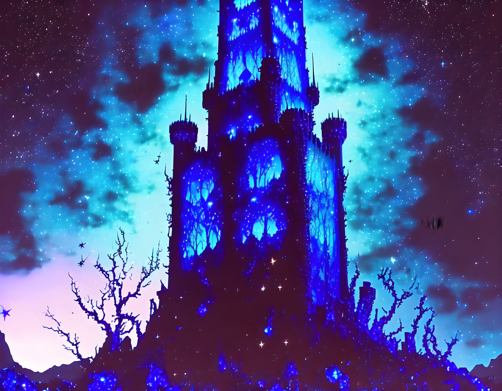 Neon blue glowing castle in starry night sky