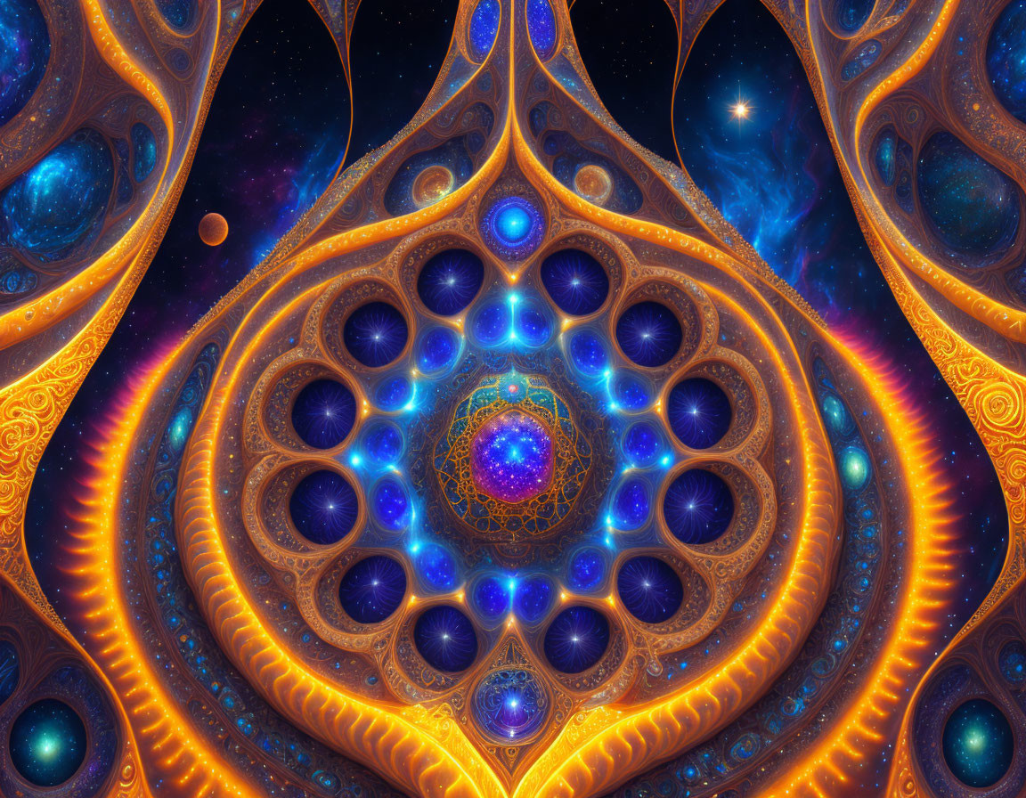 Colorful Fractal Art with Cosmic Motifs and Symmetrical Design