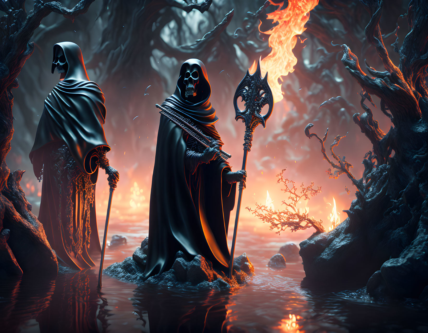 Ominous cloaked figures in fiery hellish landscape