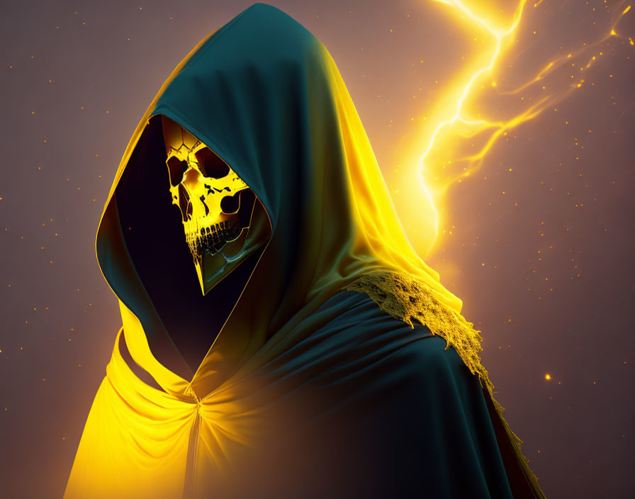 Figure in yellow cloak with glowing skull face and lightning bolt background