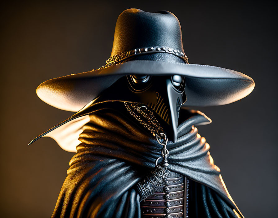 Skull Mask Figure with Wide-Brimmed Hat and Cloak