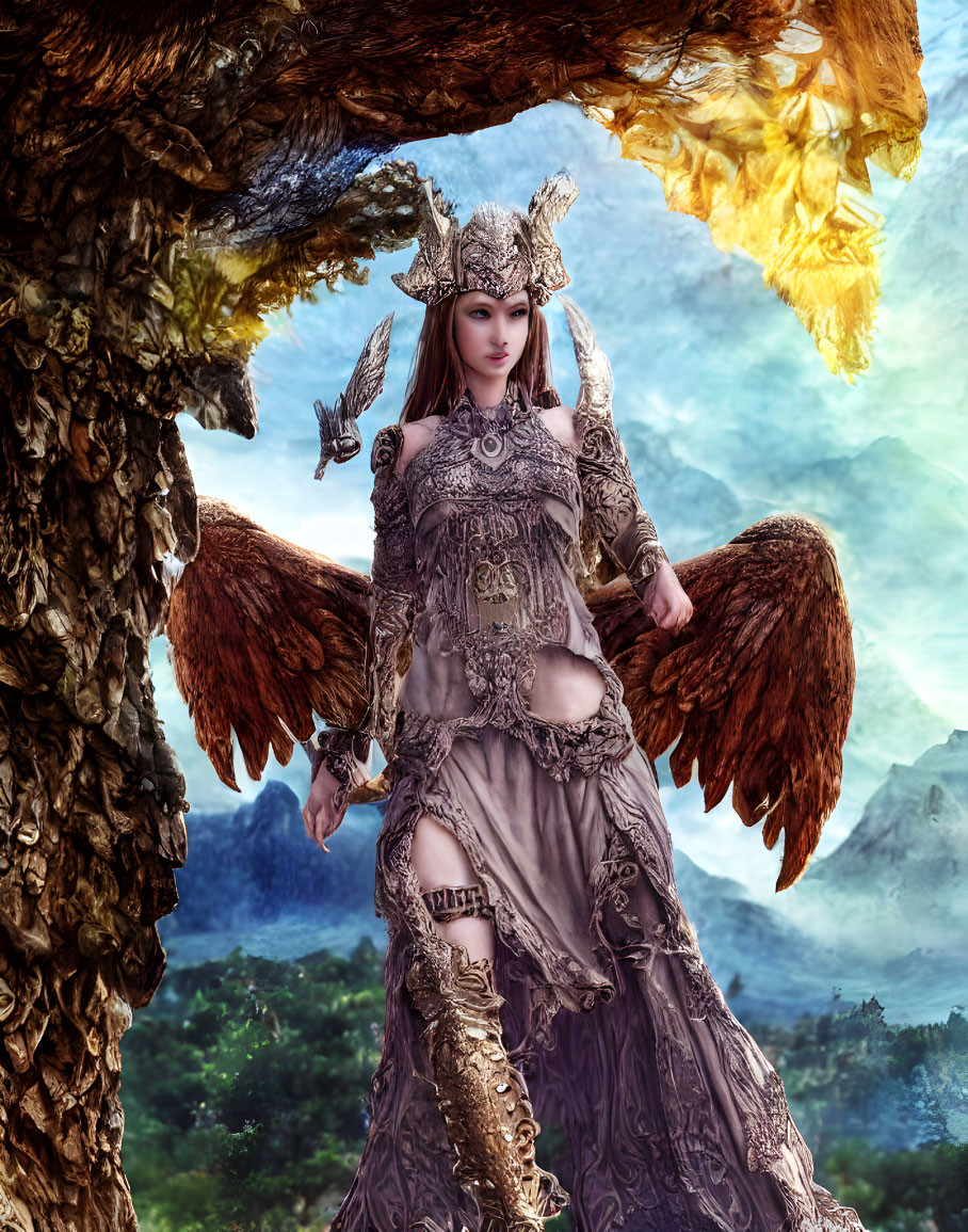 Fantastical female warrior in ornate armor with wings in mystical landscape with animated tree creature