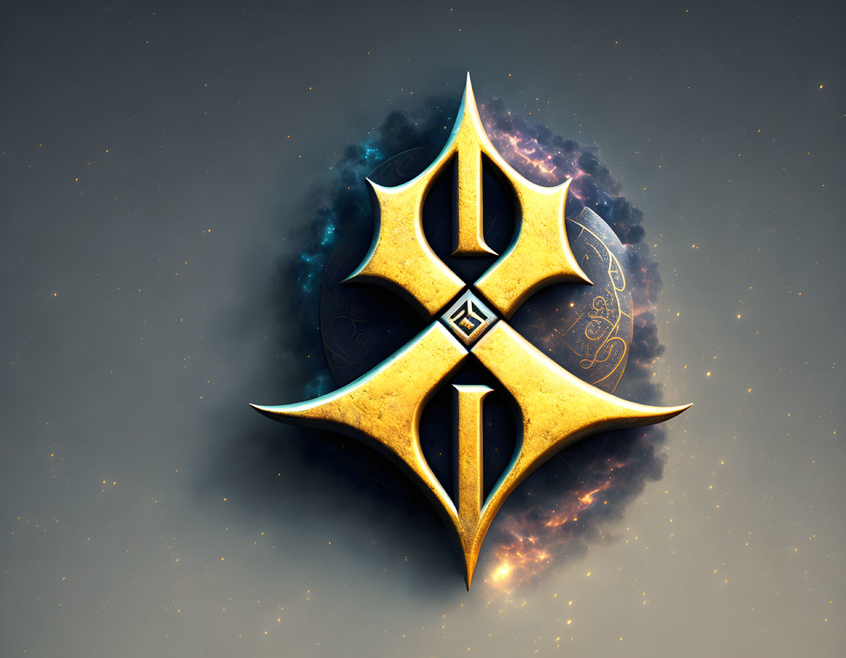 Golden ornate shuriken on cosmic background with stars and nebulae