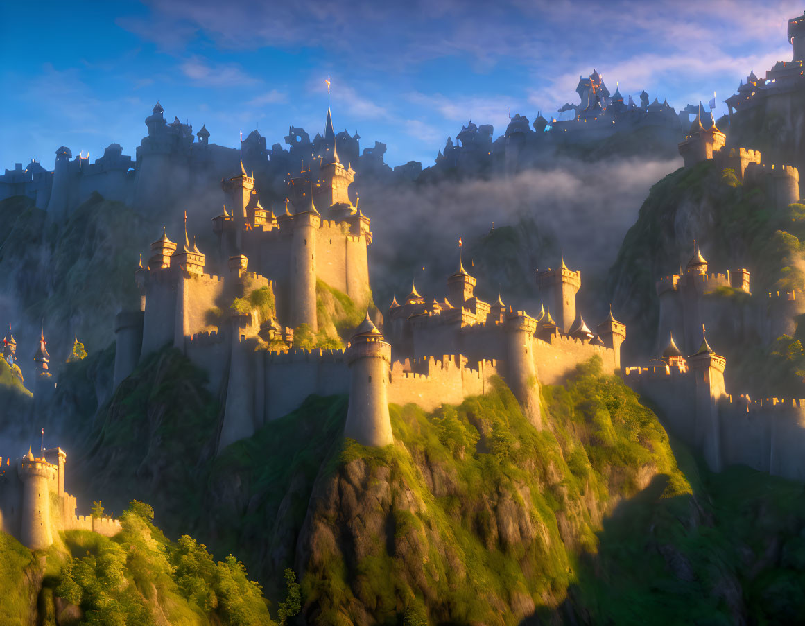 Majestic fantasy castle on green hill with misty towers