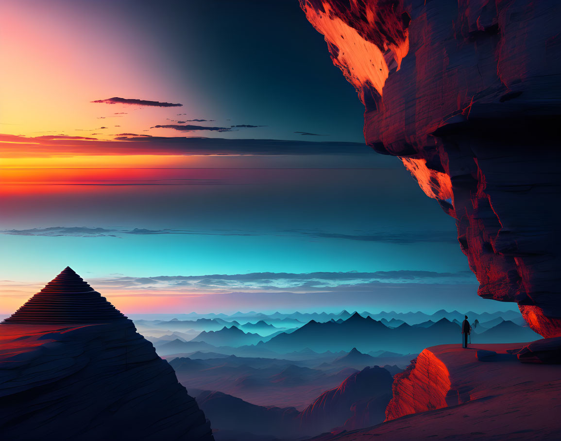 Person overlooking misty mountain landscape with pyramid silhouette at sunset