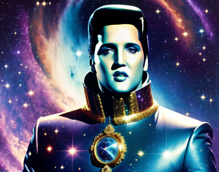 Colorful illustration of man in retro hairstyle and futuristic suit against cosmic backdrop