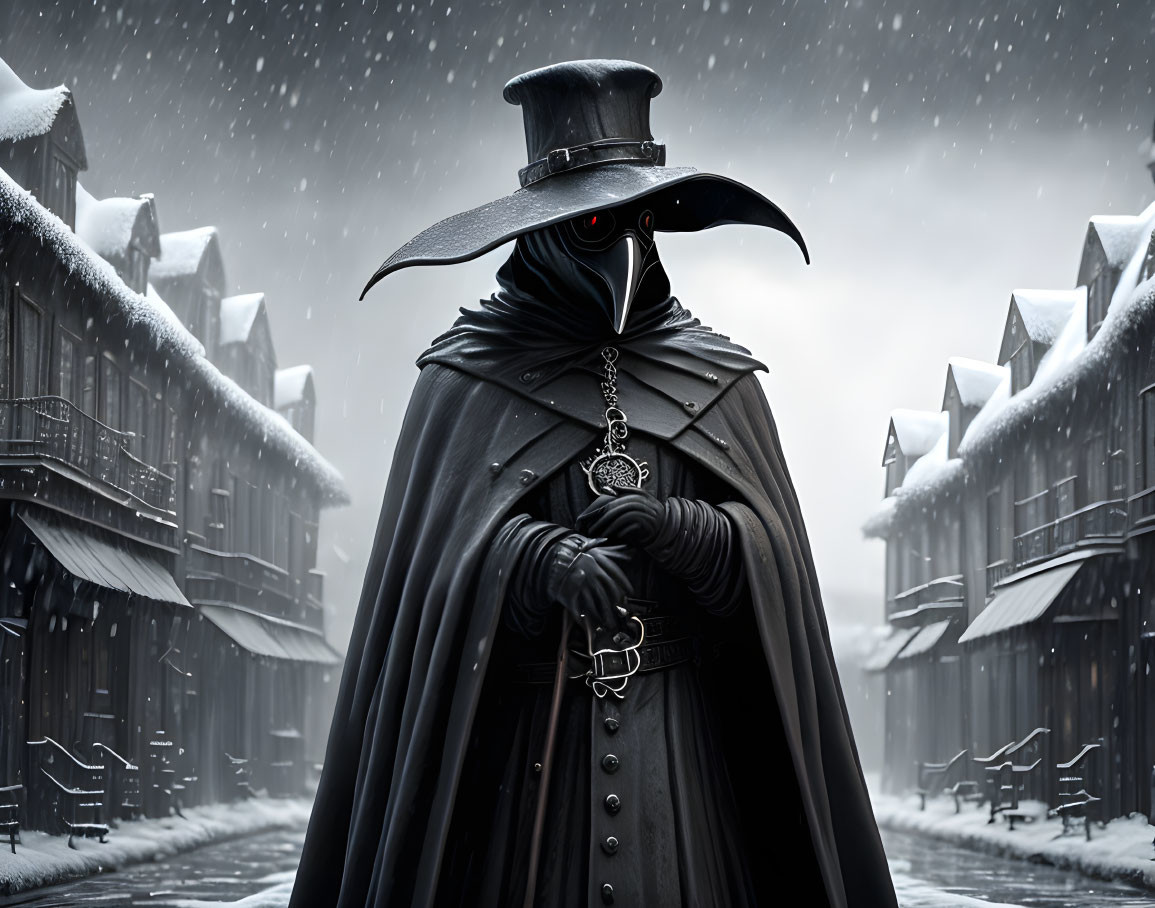 Plague doctor figure in snowy street with old buildings