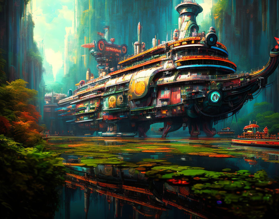 Colossal spaceship over futuristic cityscape with lush forest and reflective water