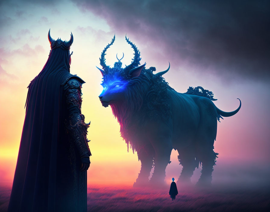 Mystical cloaked figure with blue-eyed bull in foggy landscape