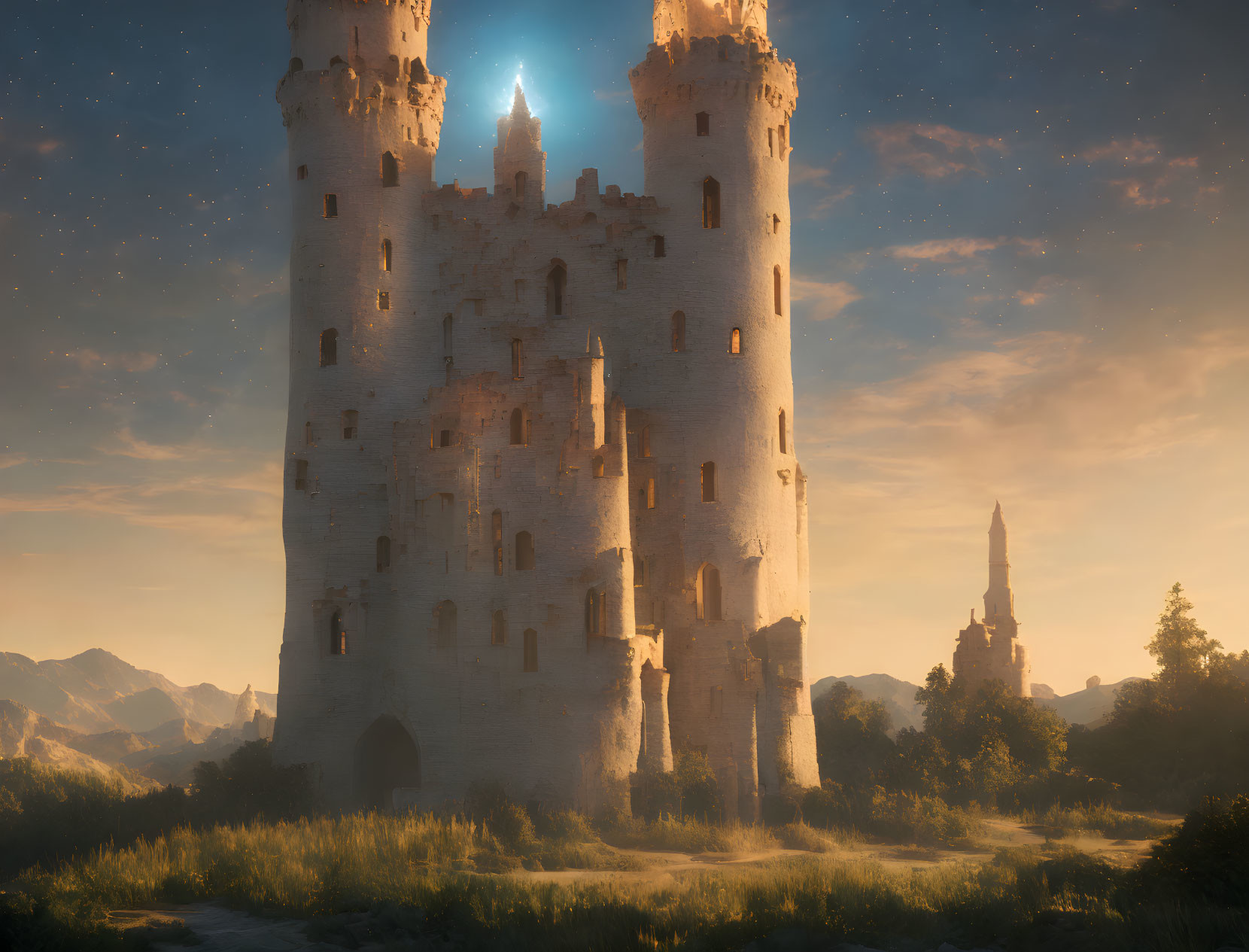 Sunlit dilapidated castle in serene landscape under twilight sky