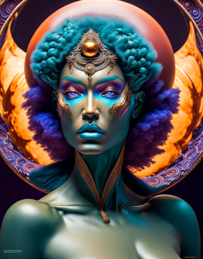 Vibrant blue and purple surreal portrait of woman with ornate headdress and bold makeup