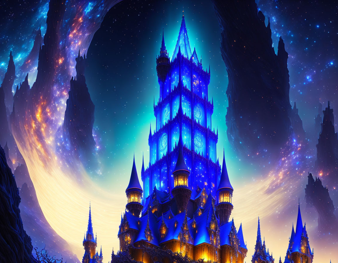 Blue Castle Against Twilight Sky with Stars and Crescent Moon