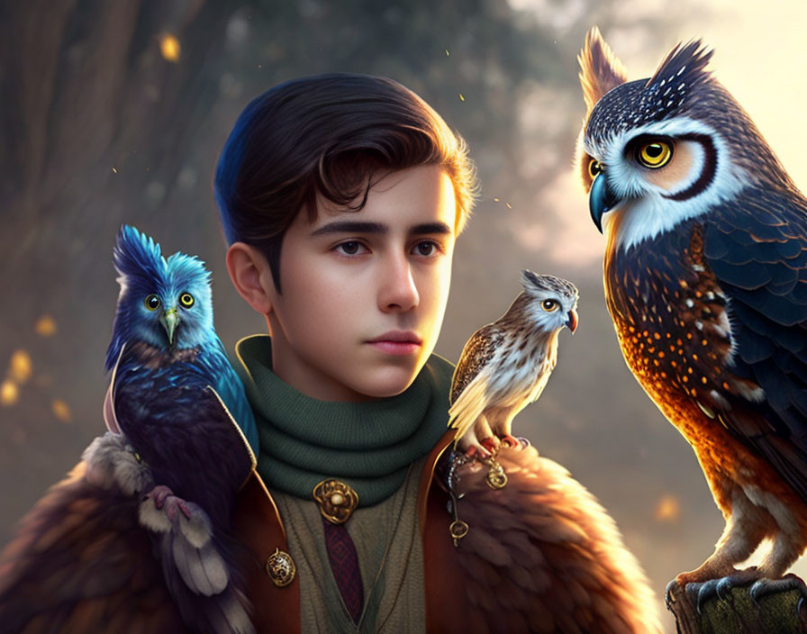 Digital artwork featuring a boy with three owls in a forest setting