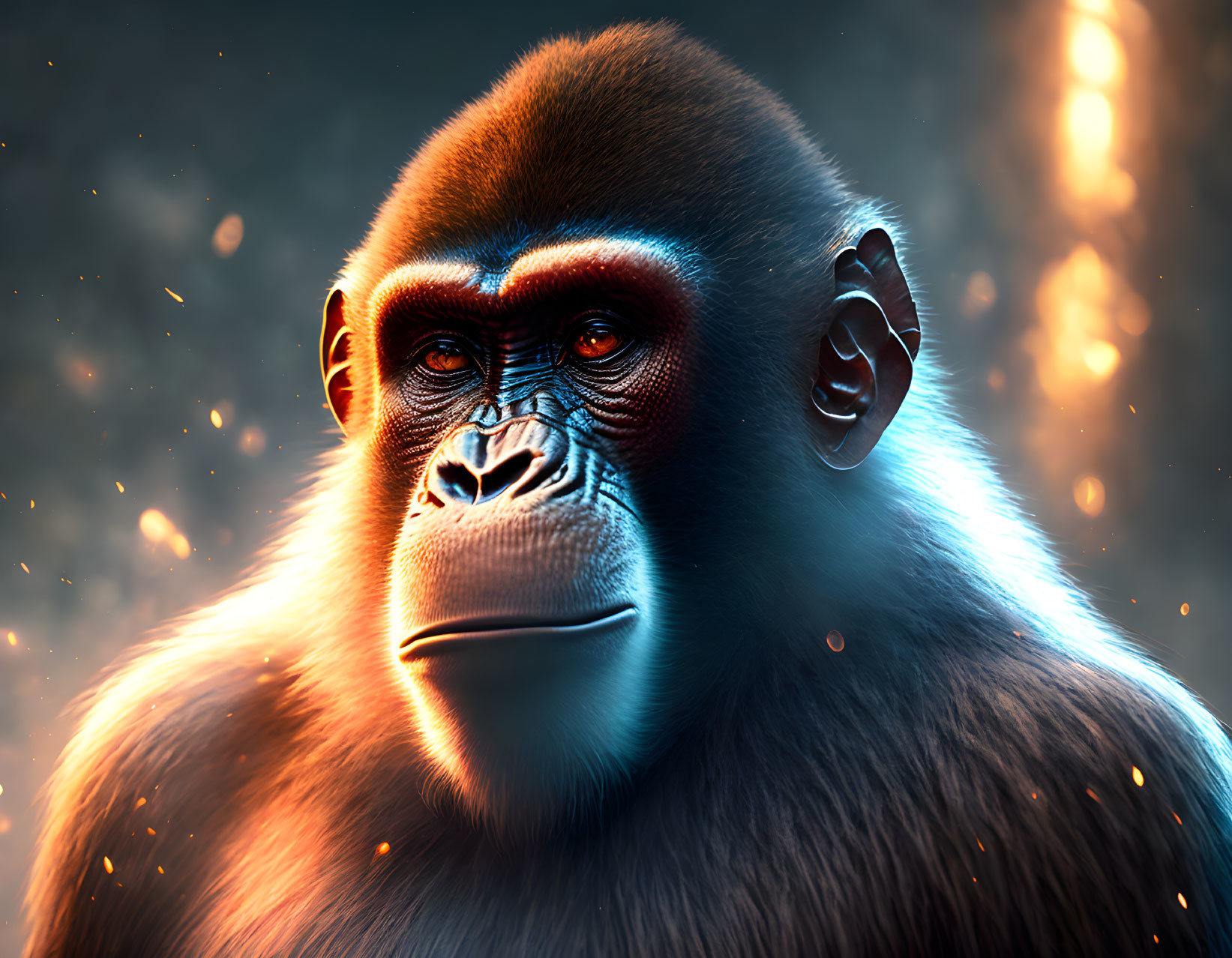 Detailed Close-Up of Gorilla's Thoughtful Face Against Warm Glowing Background