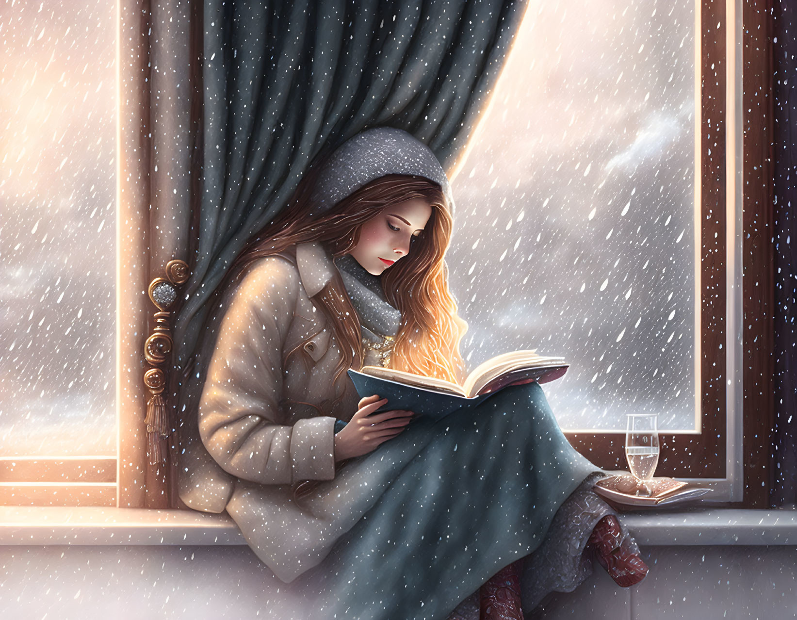 Woman Reading Book by Window During Snowfall