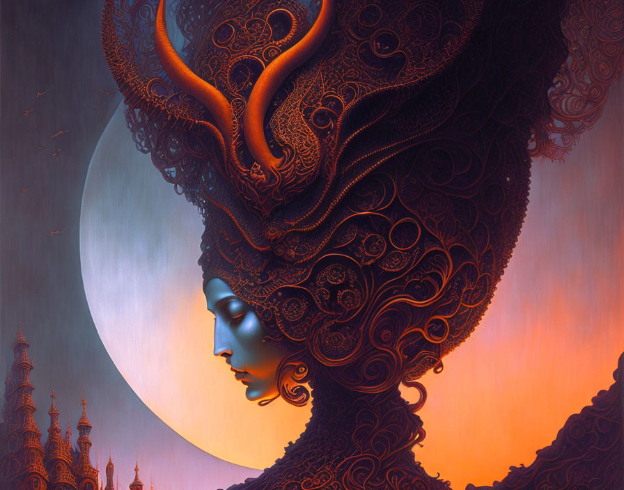 Surreal artwork: Woman profile with headdress under moonlit sky