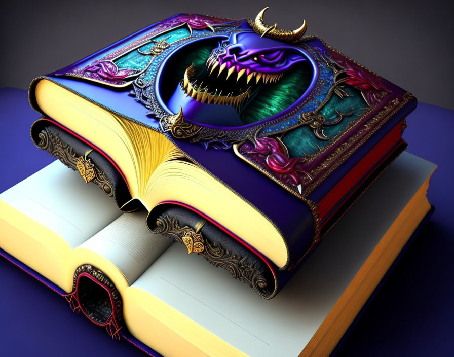 Colorful, ornate book with embossed purple cover and menacing beast design next to open blank book