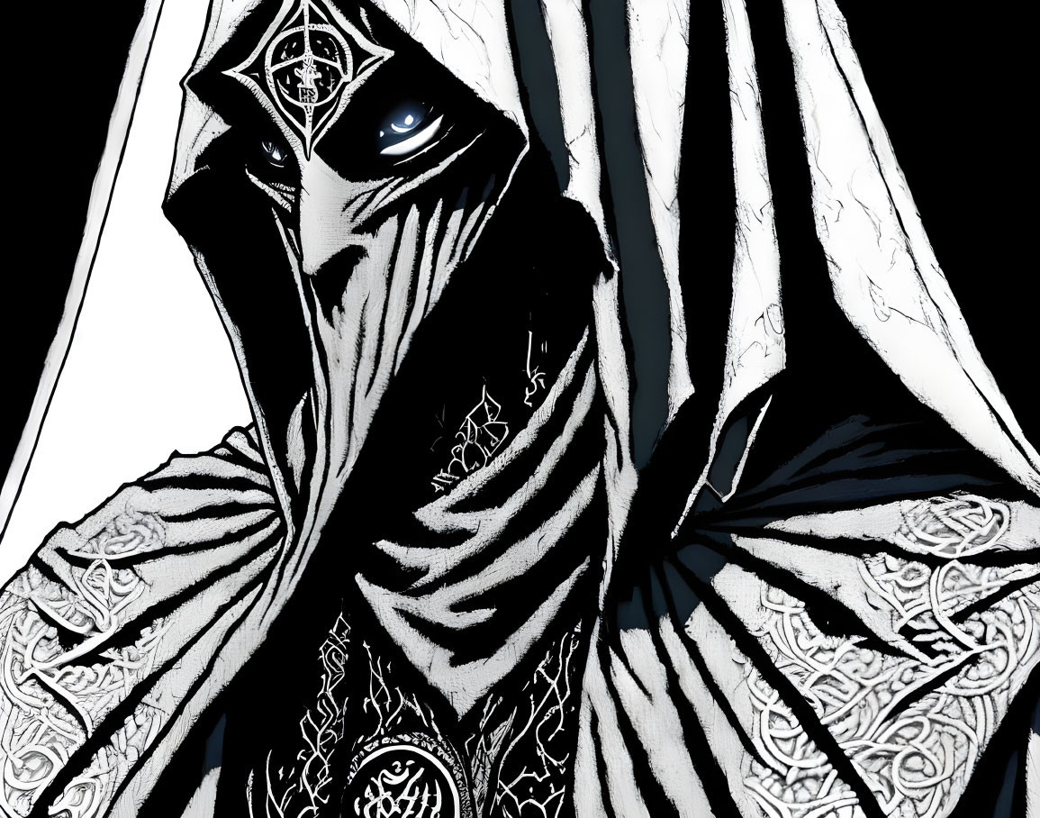 Monochromatic illustration of cloaked figure with glowing blue eye