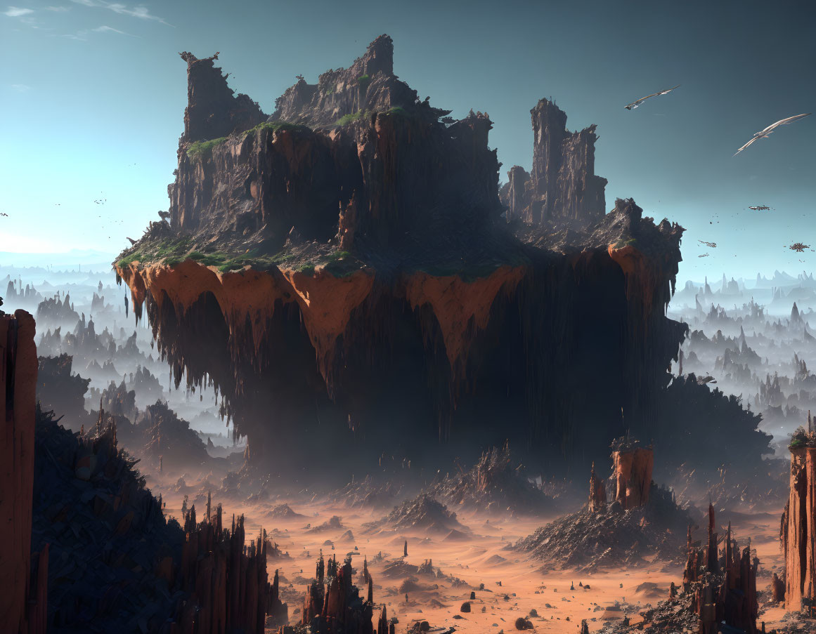 Fantastical landscape: floating rocky islands, lush greenery, barren desert, ruins, flying creatures