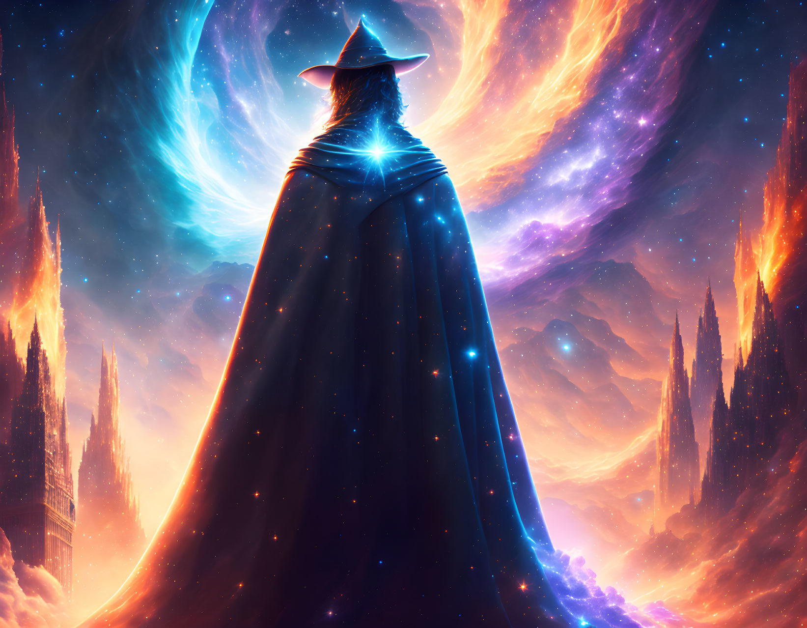 Wizard with Glowing Orb in Cosmic Landscape with Nebulae and Stars