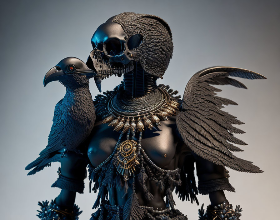 Dark-toned humanoid figurine with skull and feathered attire alongside raven.