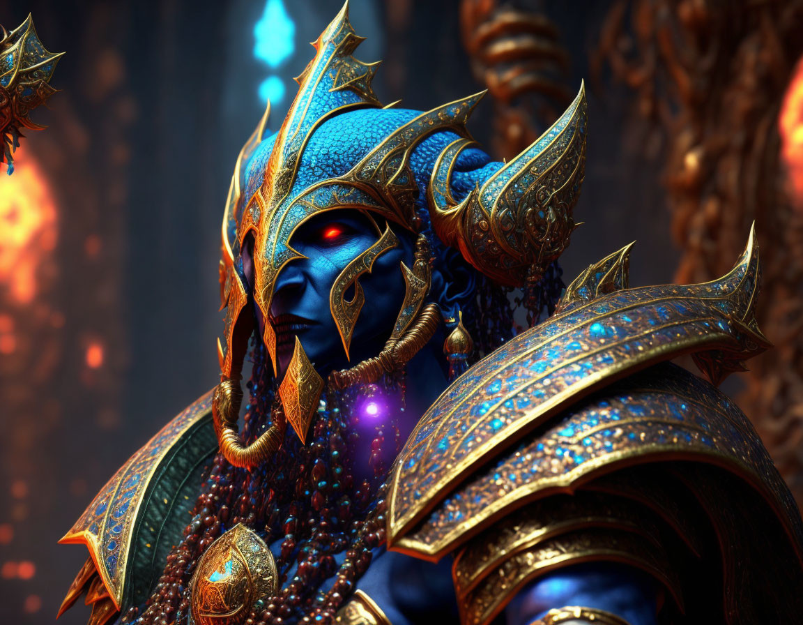 Detailed Digital Artwork: Character in Blue & Gold Armor with Glowing Elements on Fiery Background