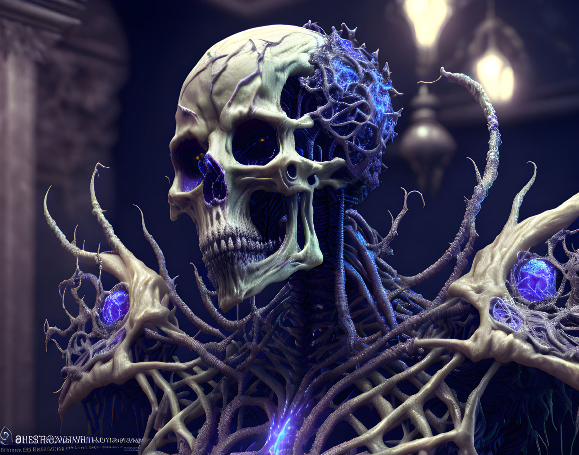 Detailed digital artwork: Skull with alien-like structure, glowing purple elements, eerie branches