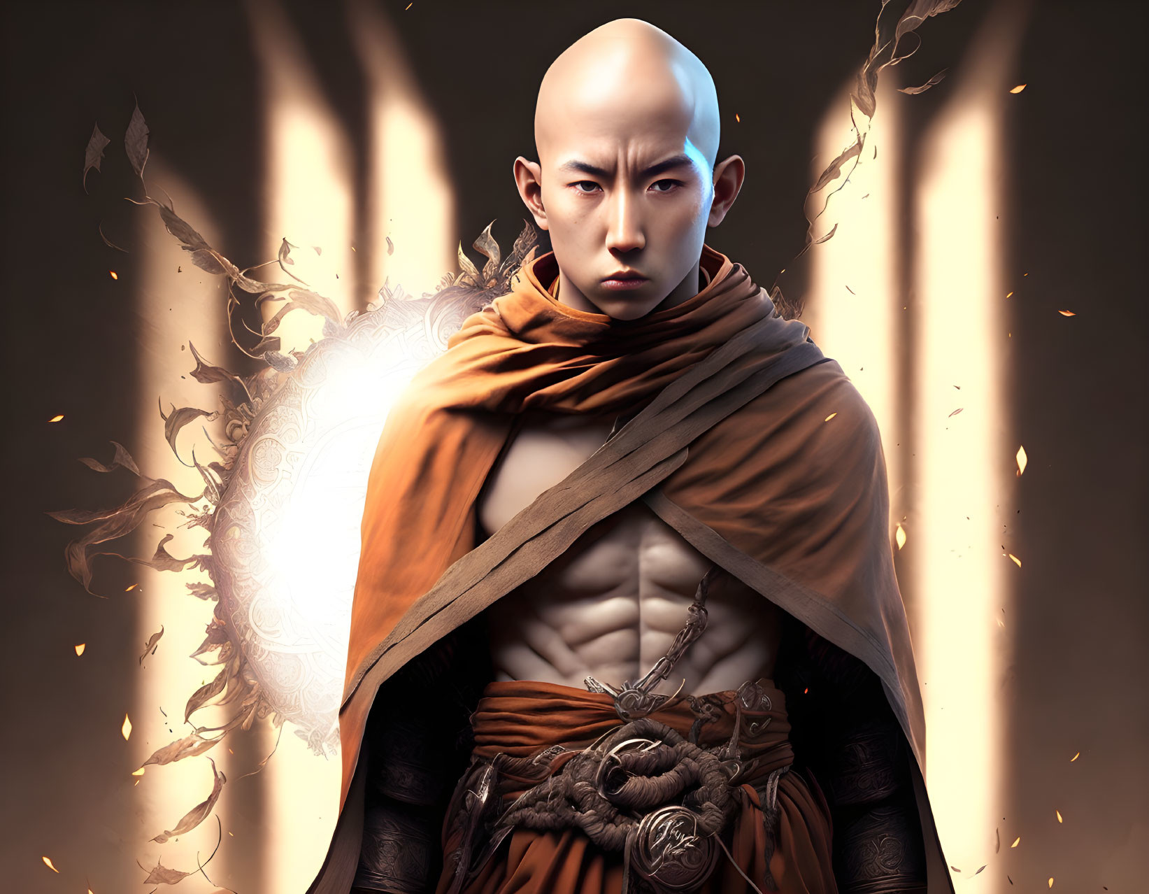 Digital artwork: Intense gaze bald monk in orange robe with mystical symbol.