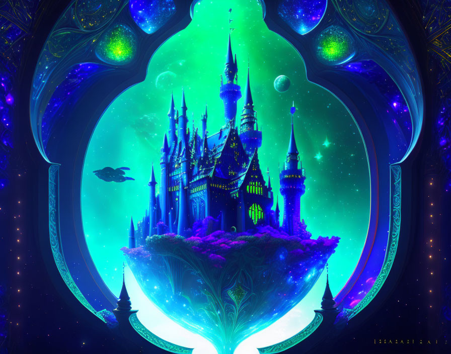 Glowing Blue Castle on Floating Island with Starry Sky Background