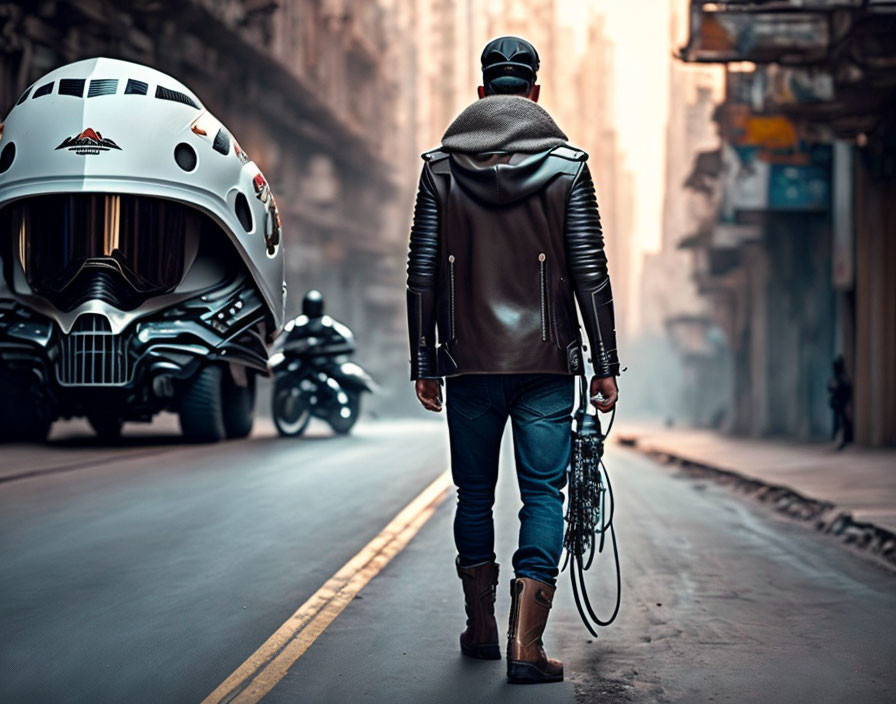 Person in Leather Jacket Walking Down Foggy Urban Street with Motorcycle Helmet and Parked Motorcycle