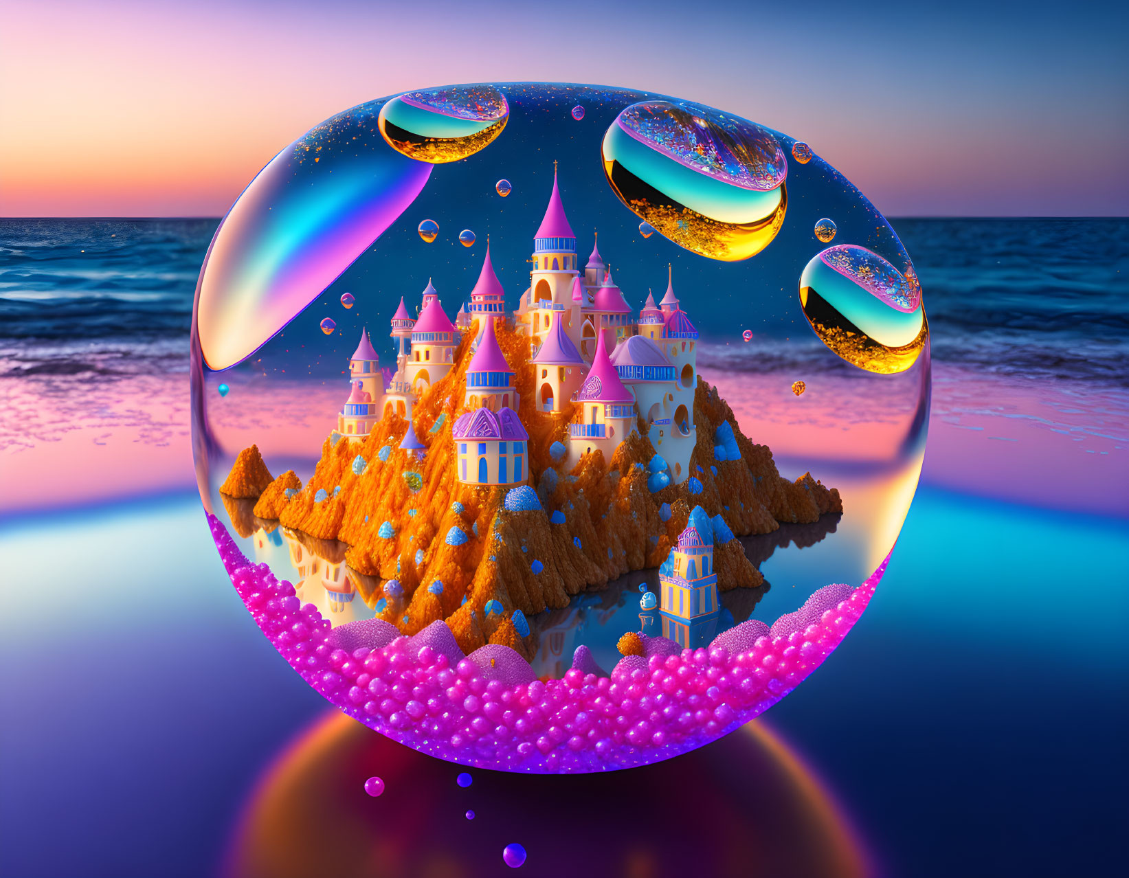 Colorful fantasy bubble with vibrant castle and sunset reflection above water