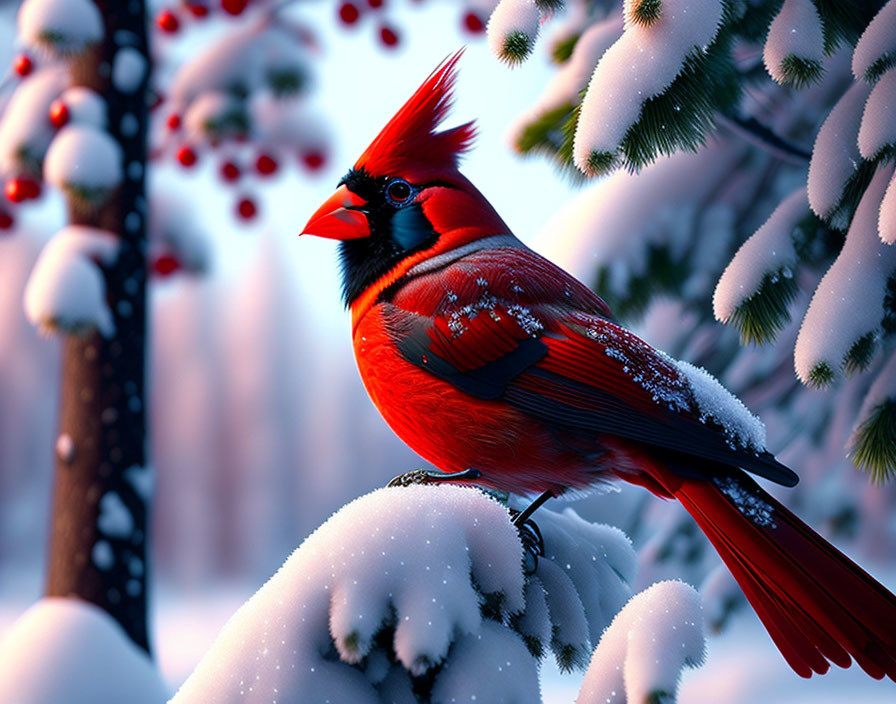 Red cardinal on snow-dusted branch with red berries in winter forest