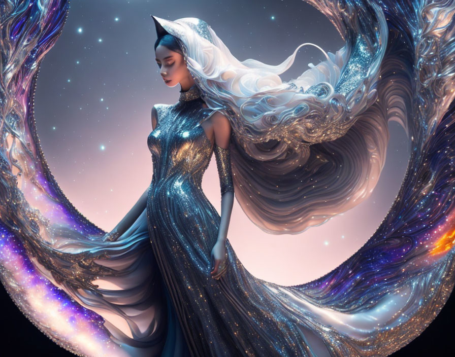 Ethereal figure in sparkling dark gown with white flowing hair amidst cosmic backdrop