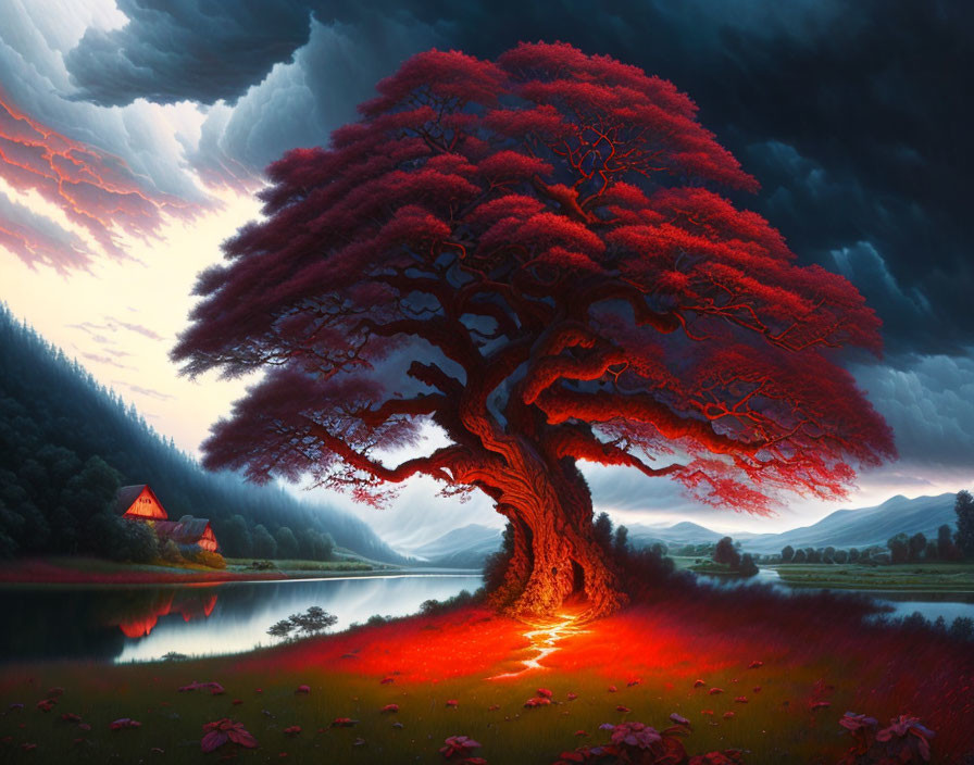 Large Red Tree by Serene Lake with Small House Under Ominous Sky