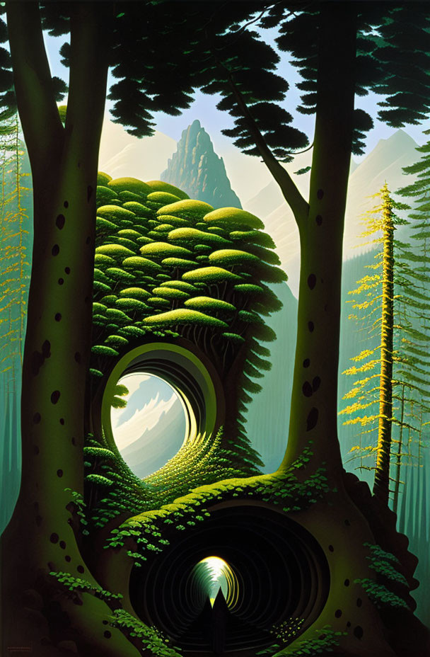 Stylized painting of lush green forest with hollow tree, light shining through