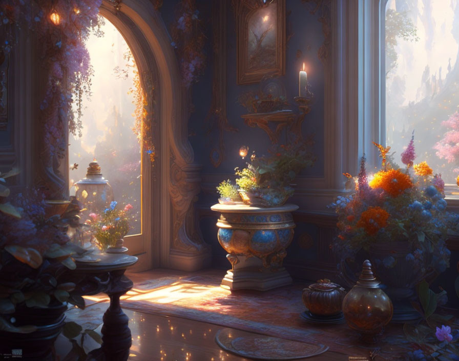 Sunlit room with flowers, candles, forest view