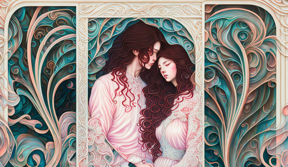 Long-haired couple embraced in symmetrical composition with wave patterns in soft colors