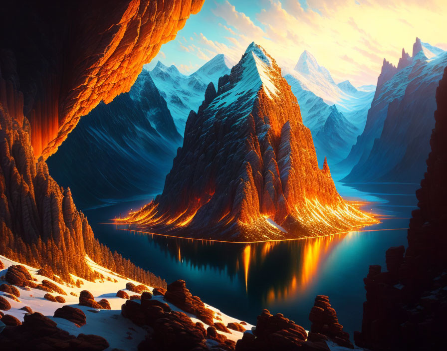 Vibrant digital artwork: Dramatic mountain in cave with water & warm light