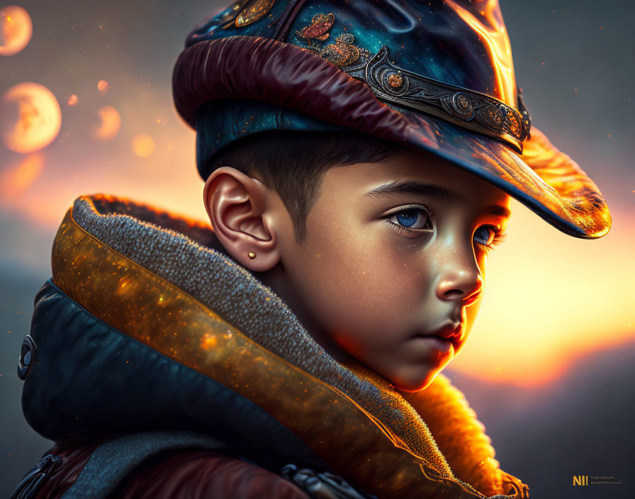 Young boy in decorated cap with pensive expression in golden glow