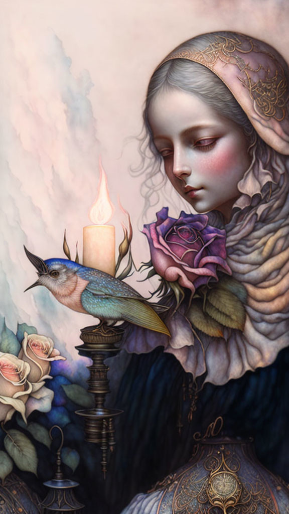 Young girl with candle and bird in ornate setting among roses