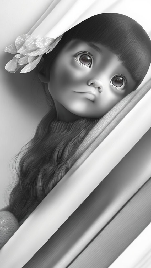 Monochrome stylized girl with large eyes and floral hairpiece peeking from curtain