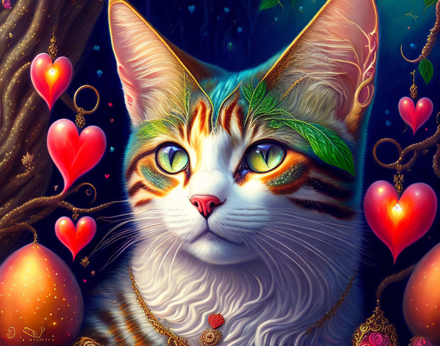 Whimsical cat illustration with green eyes and magical background