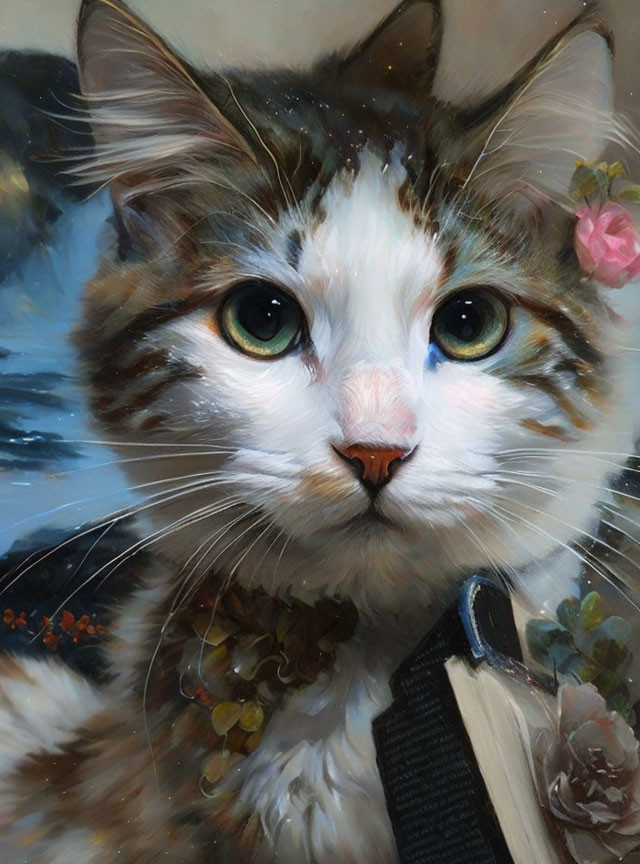 Realistic painting of white and brown cat with green eyes, flowers, and book