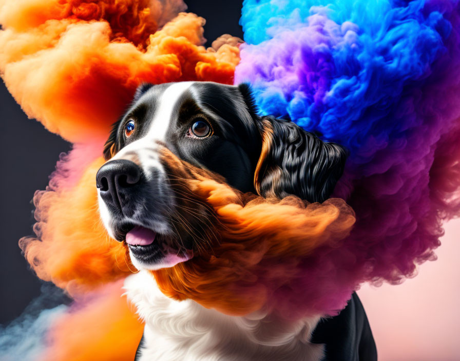 Black and White Dog in Orange and Blue Smoke Clouds