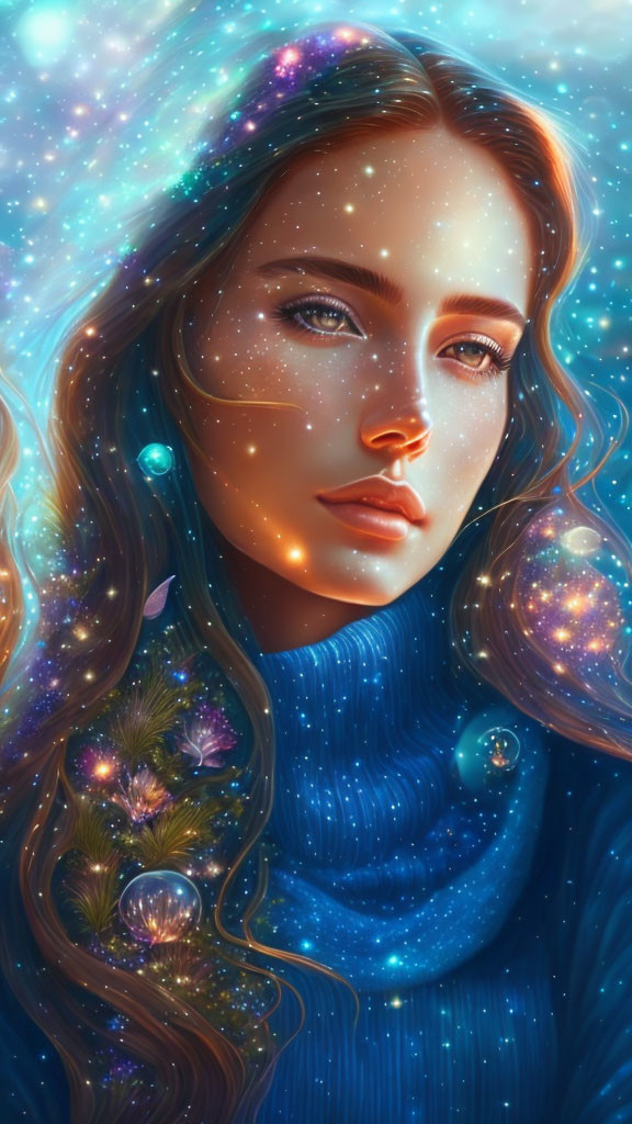 Digital Artwork: Woman in Blue Sweater with Cosmic Background