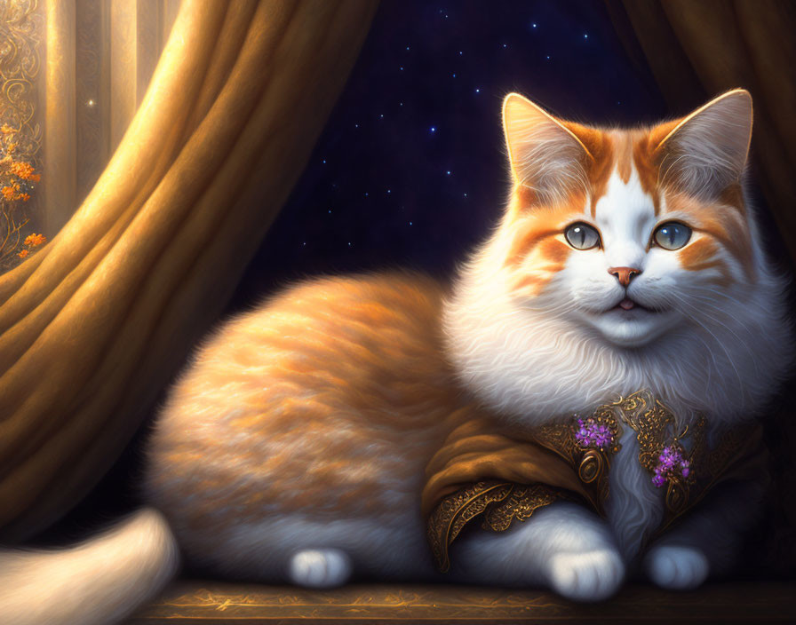 Illustrated Cat with Blue Eyes and Golden Cloak Beside Starry Night Curtain