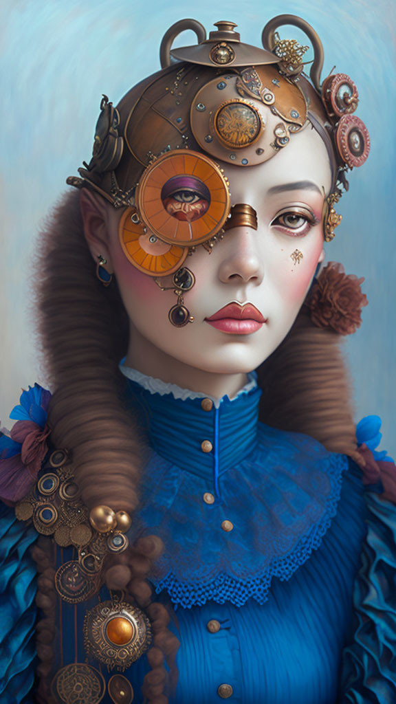 Surreal steampunk woman portrait with gears and monocle on blue background